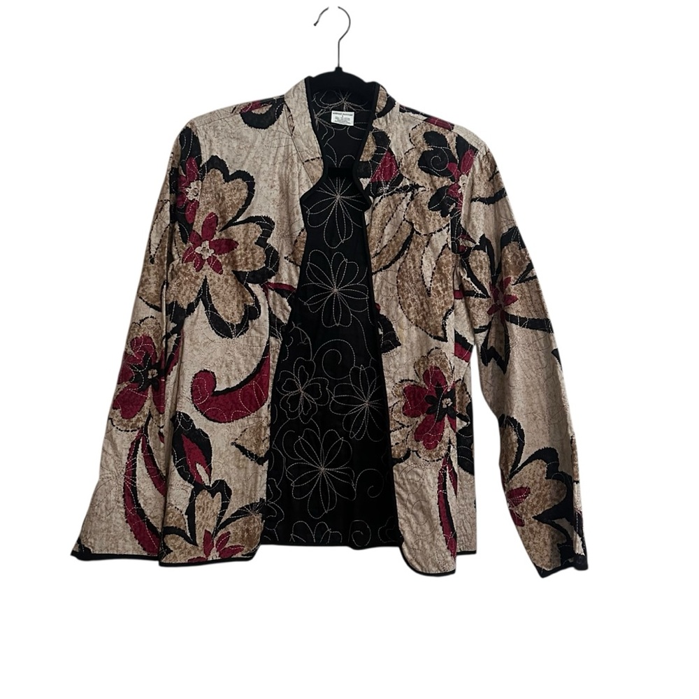 Alfred Dunner Tan Red Black Floral Lightweight Quilted Open Front Jacket Size 8